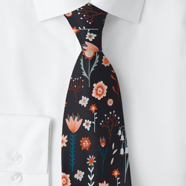 Cravate Fleurs d'été scandinaves foncées (Scandinavian floral dark neck tie)