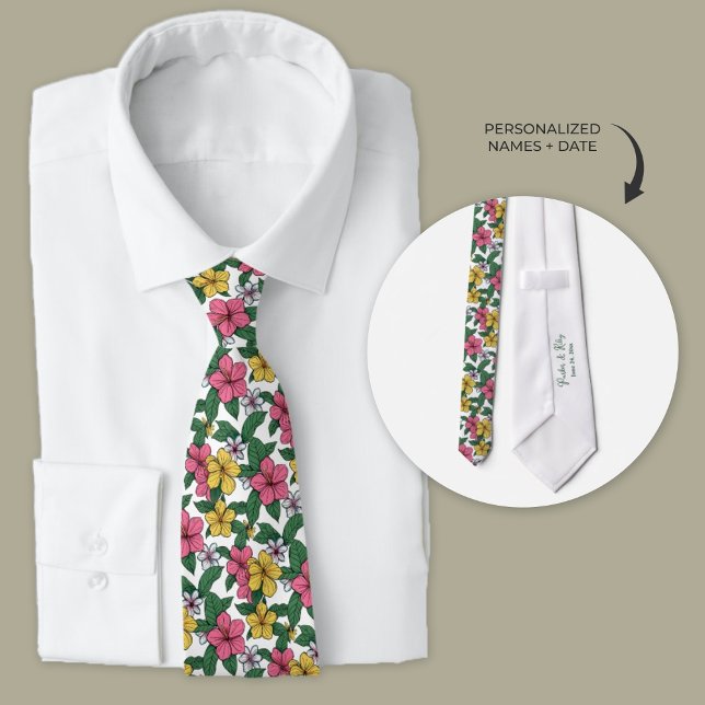 Cravate Fleurs d'Hibiscus hawaïens Groomsmen personnalisé (Personalized Hibiscus flower wedding neckties for groom and groomsmen.)