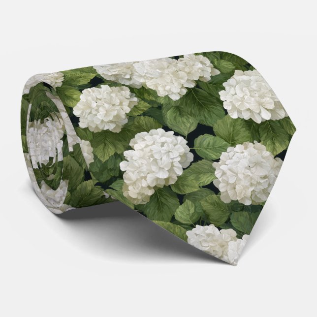 Cravate Fleurs d'hortensia blanches avec motif de feuilles (Roulé)
