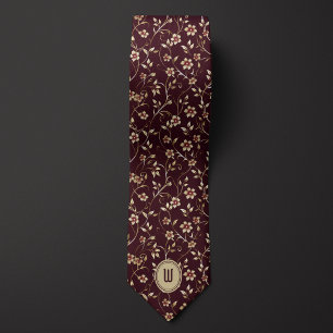 Cravate Fleurs d'or pâle sur Monogramme Bourgogne au choco