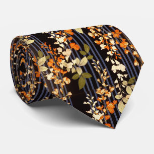Cravate FLEURS D'ORANGE BLANC, STRIPES NOIRES BLEUS Floral