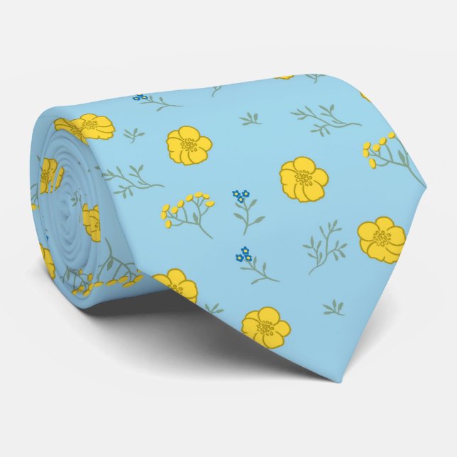 Cravate Fleurs élégantes de printemps bleu et jaune   (Roulé)