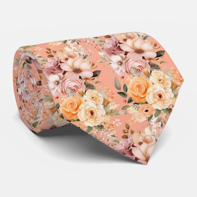 Cravate Fleurs élégantes pêche rose floral (Roulé)