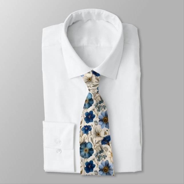 Cravate Fleurs Florales Bleu Et Crème De Printemps  (Attaché)