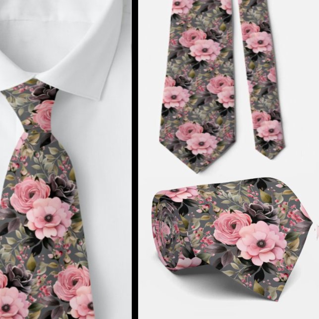 Cravate Fleurs florales roses et noires de goth (Créateur téléchargé)