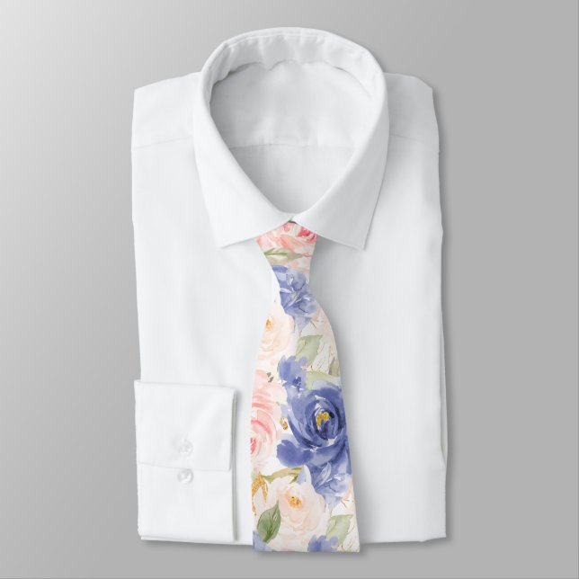 Cravate Fleurs H2 Méditerranée Roses roses blush bleu   (Attaché)