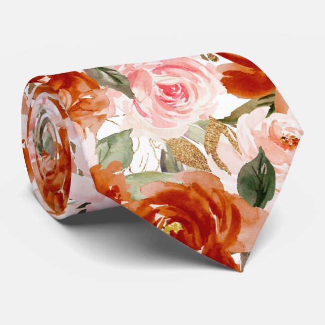 Cravate Fleurs H2 rouille orange blush roses   (Roulé)