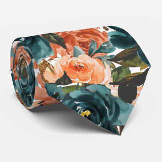 Cravate Fleurs H2 sarcelle et roses orange rouille