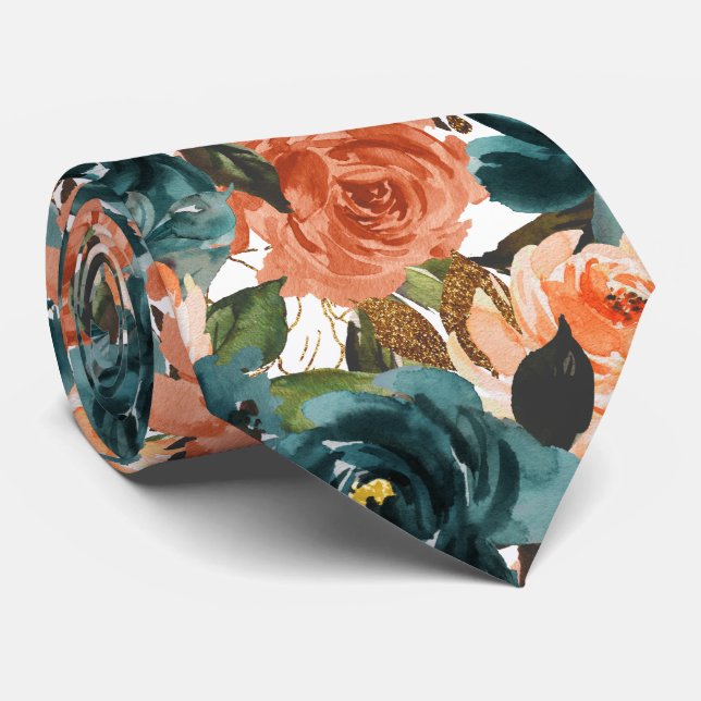 Cravate Fleurs H2 sarcelle et roses orange rouille   (Roulé)
