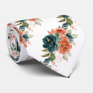 Cravate Fleurs H2 sarcelle et roses orange rouille