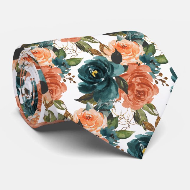 Cravate Fleurs H2 sarcelle et roses orange rouille   (Roulé)