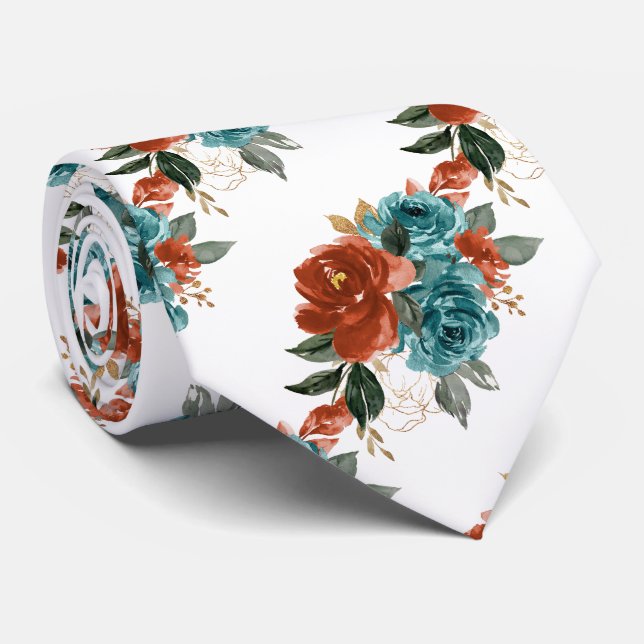 Cravate Fleurs H2 Sarcelle Vert Rouille Orange Roses   (Roulé)