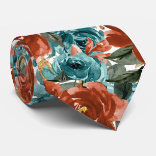 Cravate Fleurs H2 sarcelle vert rouille orange roses