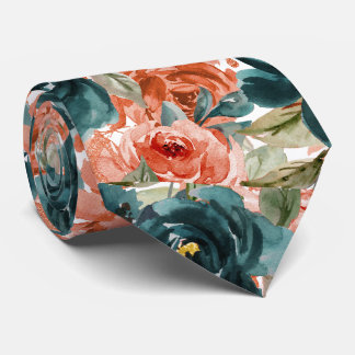 Cravate Fleurs H2 sarcelle vert rouille orange roses