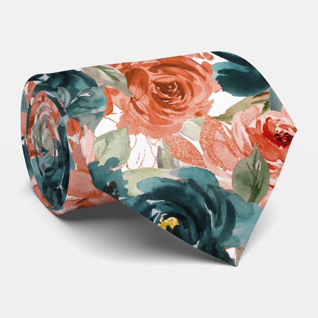 Cravate Fleurs H2 sarcelle vert rouille orange roses   (Roulé)