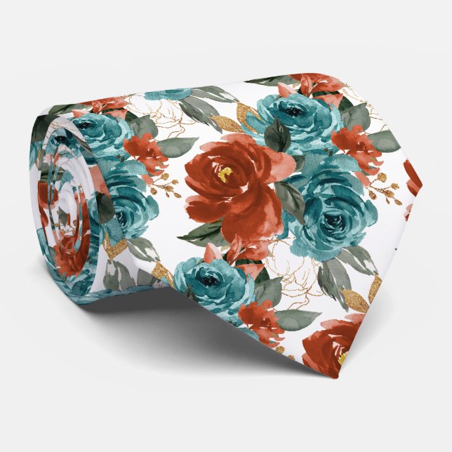 Cravate Fleurs H2 Sarcelle Vert Rouille Orange Roses   (Roulé)
