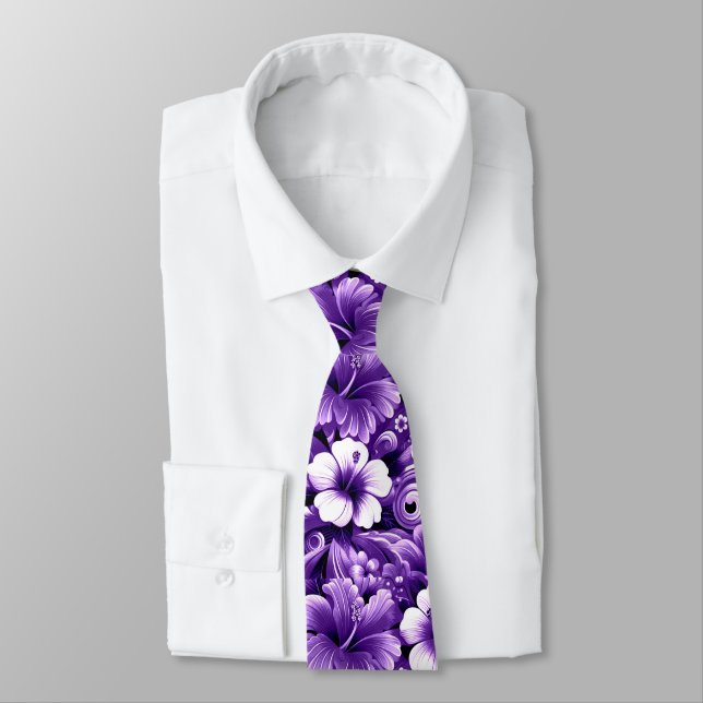 Cravate Fleurs hawaïennes tropicales Hibiscus Motif violet (Attaché)