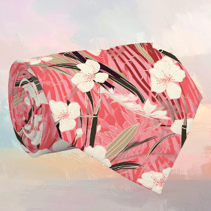 Cravate Fleurs Japonaises Blanches sur Fond Bourgogne Rose