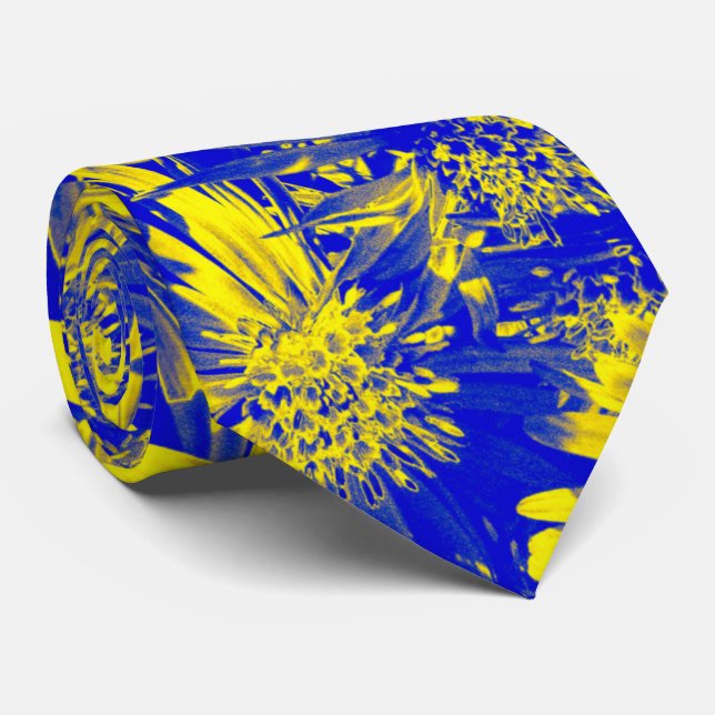 Cravate Fleurs Jaunes Sur Bleu (Roulé)