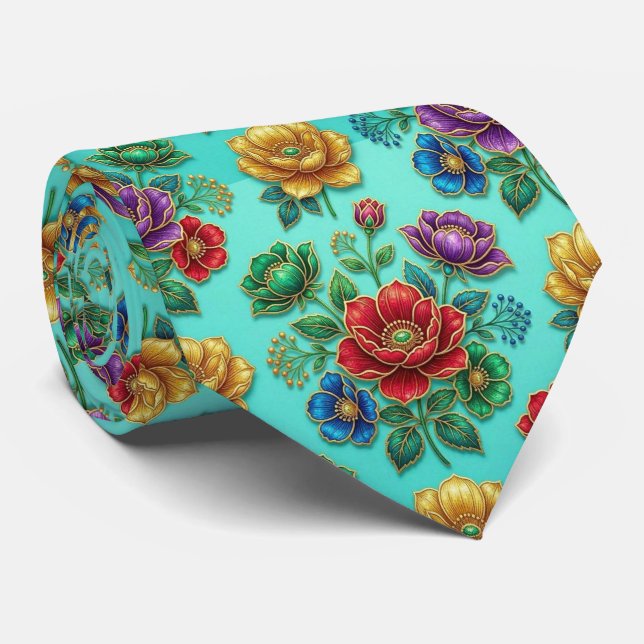 Cravate Fleurs Jeweltone avec Accents Dorés (Roulé)