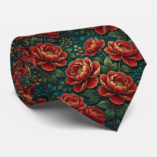 Cravate Fleurs Jeweltone avec Accents Dorés (Roulé)