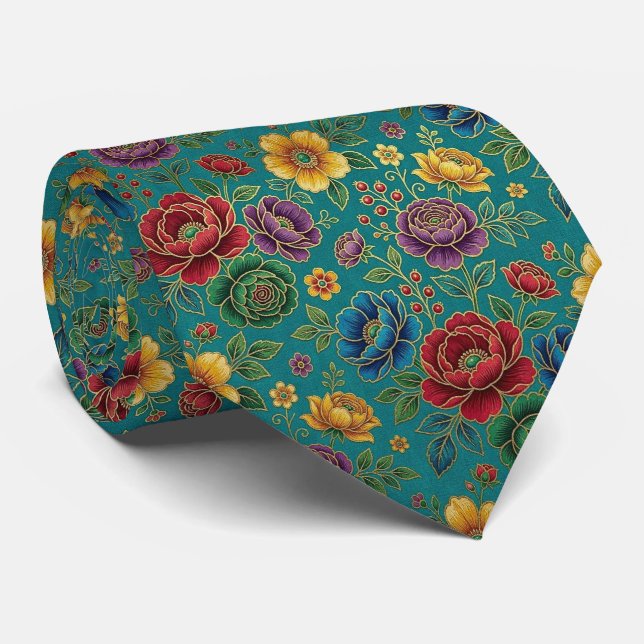 Cravate Fleurs Jeweltone avec Accents Dorés (Roulé)