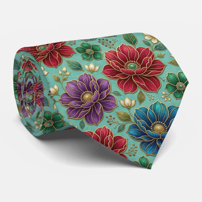 Cravate Fleurs Jeweltone avec Accents Dorés (Roulé)