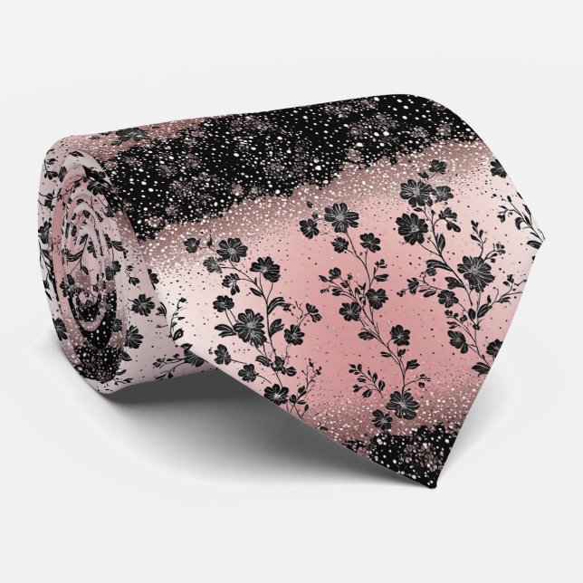 Cravate Fleurs métalliques argentées vintage rose blush de (Roulé)