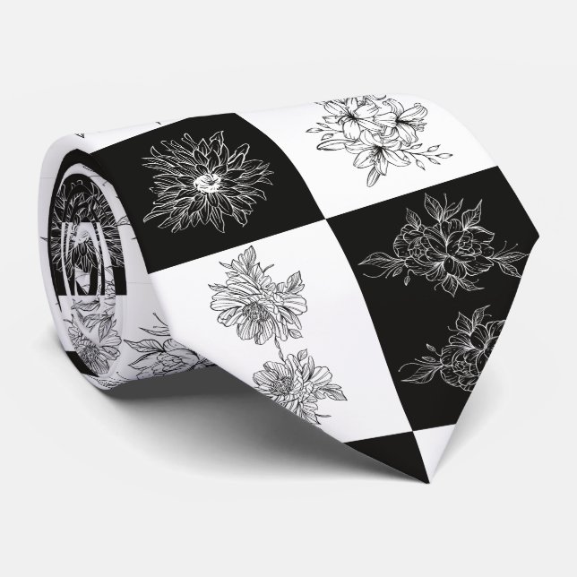 Cravate Fleurs monochromes et motif à carreaux (Roulé)