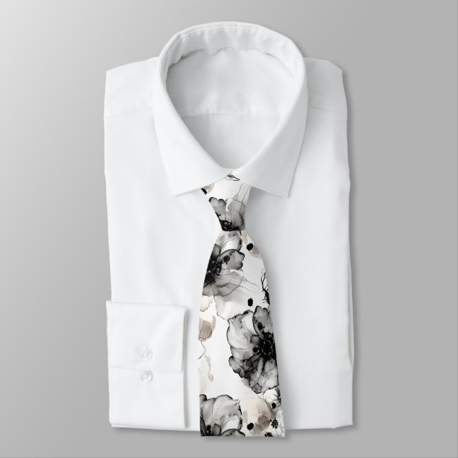 Cravate Fleurs Noir Blanc Modernes Encre Alcoolique (Attaché)