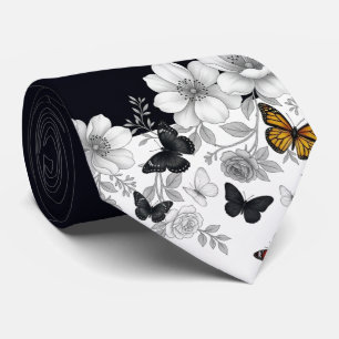 Cravate Fleurs noires et blanches et papillons