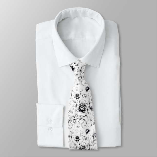 Cravate Fleurs Ornementales Noir et Blanc (Attaché)