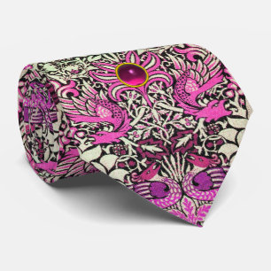 CRAVATE FLEURS, PAONS ET GEMME ROSE DE DRAGONS