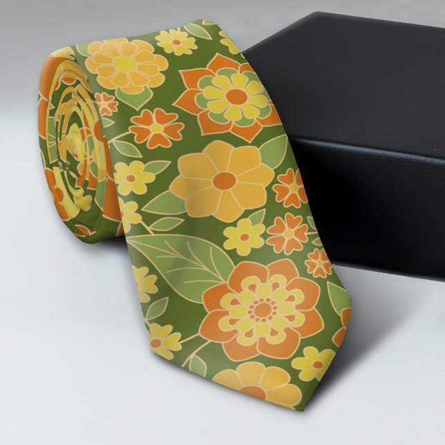 Cravate Fleurs rétro - or vert olive orange (Trendy Neck Tie Pattern)