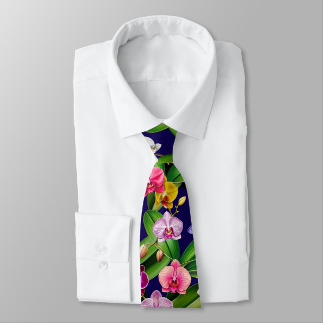 Cravate Fleurs Rose Bleu Jaune Lilas Vert Orchidée (Attaché)