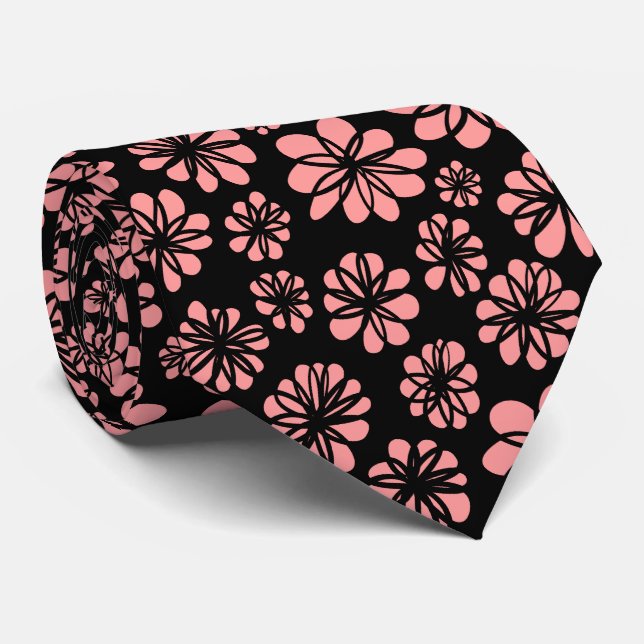 Cravate Fleurs - Rose doux sur noir (Roulé)