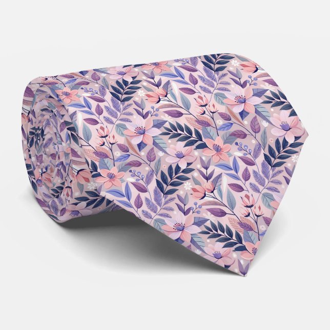 Cravate Fleurs Rose Pêche Navy Motif Floral (Roulé)