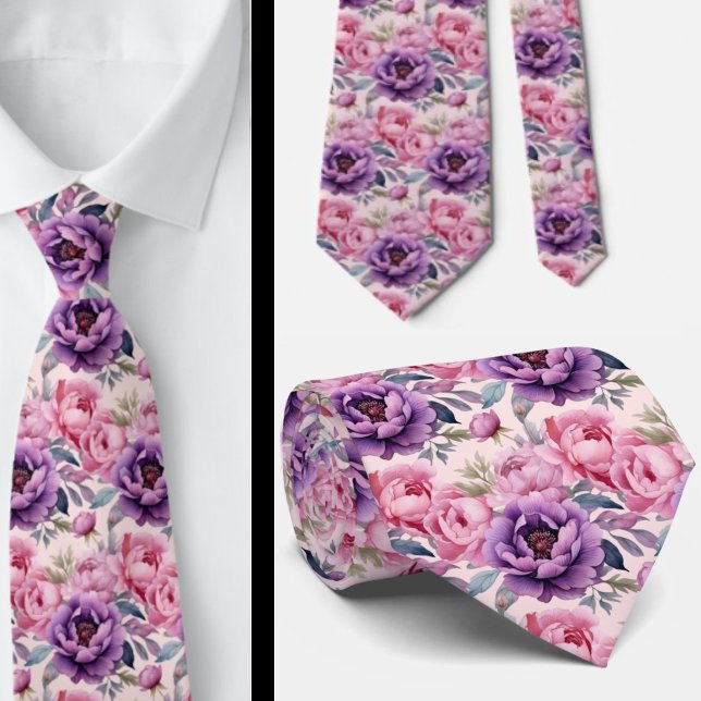 Cravate Fleurs rose poudré et violet pourpre Floral (Créateur téléchargé)