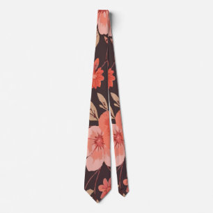 Cravate Fleurs roses et orange vives sur fond brun foncé