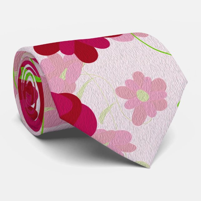Cravate Fleurs roses et rouges - Floral (Roulé)