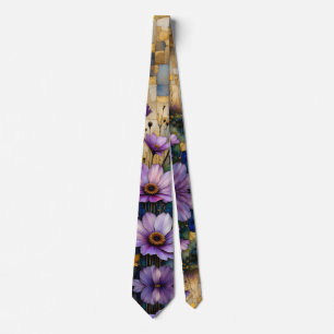Cravate Fleurs roses et violettes patchwork doré
