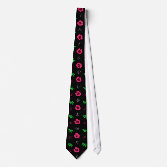 Cravate fleurs roses,feuilles vertes, noir (Devant)