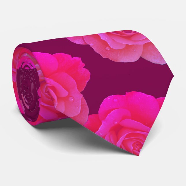 Cravate Fleurs Roses roses chaudes Vin Maroon rouge Cadeau (Roulé)