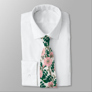 Cravate Fleurs Roses roses et Motif Feuille vert