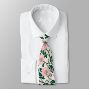 Cravate Fleurs Roses roses et Motif Feuille vert