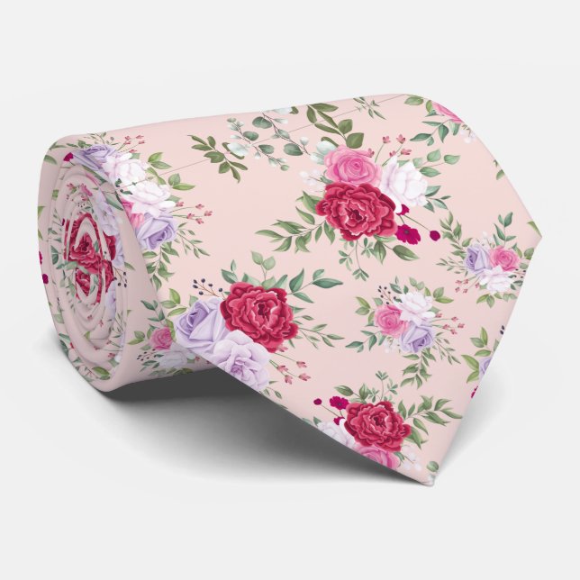 Cravate Fleurs roses rouges Motif Art (Roulé)