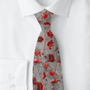 Cravate Fleurs rouges de pavot pour hommes sur Grey Botani