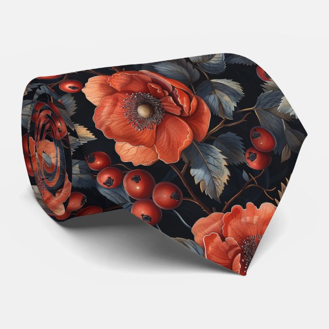Cravate Fleurs rouges en noir (Roulé)