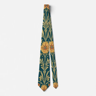 Cravate Fleurs rouges et jaunes vintage sur fond bleu fonc