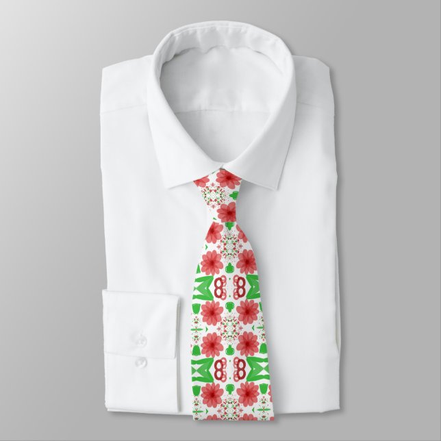 Cravate Fleurs Rouges Fantaisistes Feuilles Vertes Sur Art (Attaché)